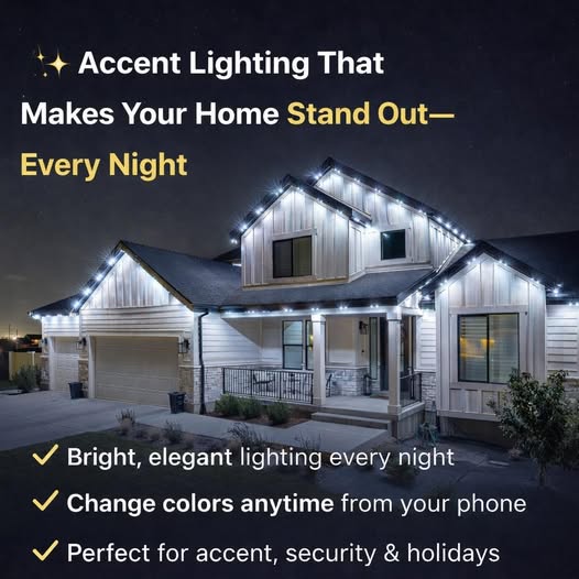 Home at night with permanent white LED accent lighting along rooflines; accent lighting that makes your home stand out every night