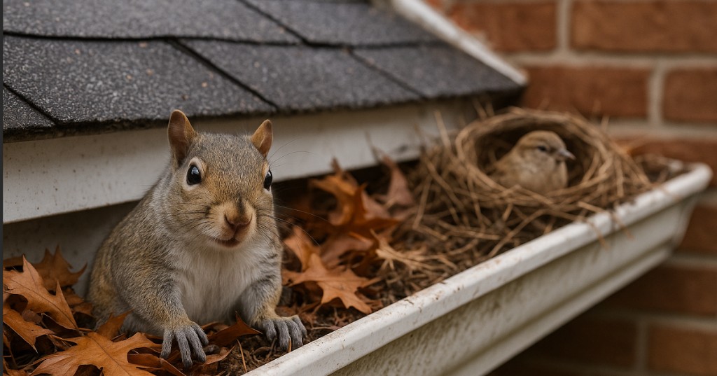 Squirrel and bird nest in a white gutter clogged with dry leaves beside brick siding