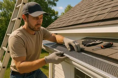 Technician on a ladder installing a perforated metal gutter guard into a white eavestrough